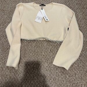 Zara Cream Crop Top with Embellished Trim Accent NWT